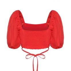 Ivy + Jack Fashion Harlow Blood Orange Poplin Puff SS Square Neck Tie Waist Crop Top