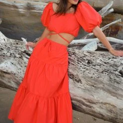 Ivy + Jack Fashion Divine Blood Orange Poplin Tiered Elastic Waist Midi Skirt