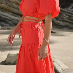 Ivy + Jack Fashion Harlow Blood Orange Poplin Puff SS Square Neck Tie Waist Crop Top