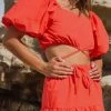 Ivy + Jack Fashion Harlow Blood Orange Poplin Puff SS Square Neck Tie Waist Crop Top