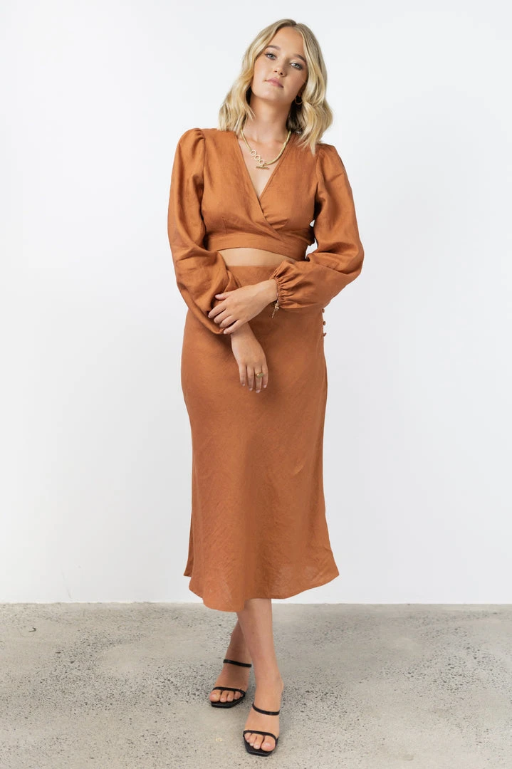 Among The Brave Fashion Utopia Spice Bias Linen Midi Skirt With Self Buttons 6 Among The Brave Fashion Utopia Spice Bias Linen Midi Skirt With Self Buttons