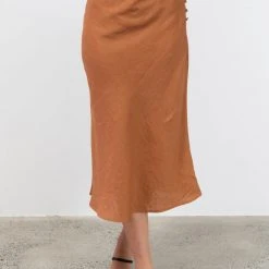 Among The Brave Fashion Utopia Spice Bias Linen Midi Skirt With Self Buttons