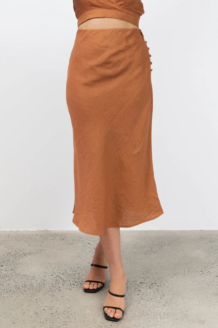 Among The Brave Fashion Utopia Spice Bias Linen Midi Skirt With Self Buttons 4 Among The Brave Fashion Utopia Spice Bias Linen Midi Skirt With Self Buttons