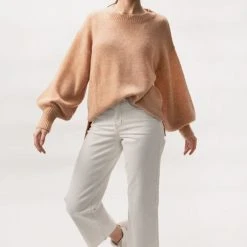 Among The Brave Inner Peace Caramel Oversized Balloon Sleeve Mohair Blend Knit