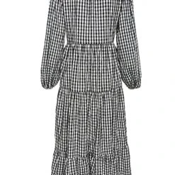 Ivy + Jack Fashion Kendall Black Check Blouson LS V Neck Tiered Midi Dress