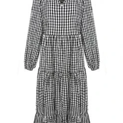 Ivy + Jack Fashion Kendall Black Check Blouson LS V Neck Tiered Midi Dress