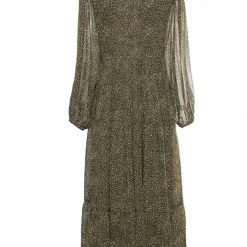 Ivy + Jack Fashion Kendall Khaki Ditsy Blouson LS V Neck Tiered Midi Dress