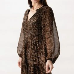 Ivy + Jack Kendall Black Leopard Blouson LS V Neck Tiered Midi Dress Fashion