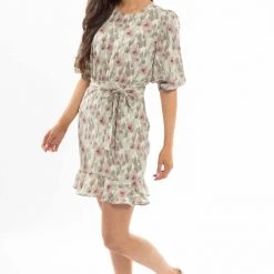 Leila + Luca Brilliance Khaki Smudge Frill Hem Tie Waist LS Mini Dress