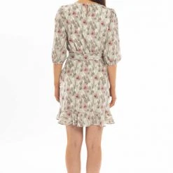 Leila + Luca Brilliance Khaki Smudge Frill Hem Tie Waist LS Mini Dress