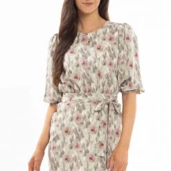 Leila + Luca Brilliance Khaki Smudge Frill Hem Tie Waist LS Mini Dress