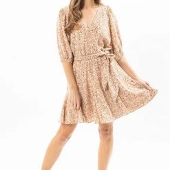 Leila + Luca Fashion Adventurous Nude Floral Puff SS V Neck Mini Dress