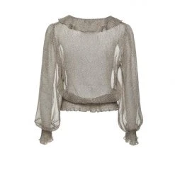 Among The Brave Leo Natural Ditsy Animal LS Shirred Ruffle V Neck Top