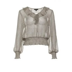 Among The Brave Leo Natural Ditsy Animal LS Shirred Ruffle V Neck Top