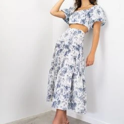 Ivy + Jack Fashion Stella Ink Floral Linen Deep Basque Midi Skirt