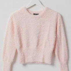 Among The Brave Lovable Candyfloss Eyelash Yarn Cropped Crew Neck Knit Fashion