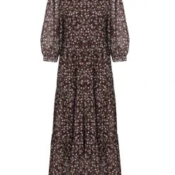 Among The Brave Lucid Chocolate Floral Puff Half Sleeve Tiered Maxi Dress
