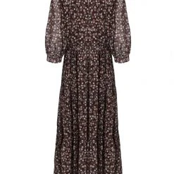 Among The Brave Lucid Chocolate Floral Puff Half Sleeve Tiered Maxi Dress