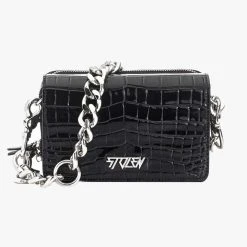 Stolen Little Trouble Black Croc Shoulder Bag With Silver Chain Hardware Accessories
