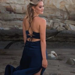 Among The Brave Madeline Navy Satin Strappy Double Tie Back Bias Slip Midi Dress
