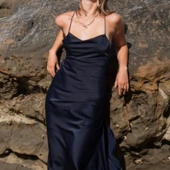 Among The Brave Madeline Navy Satin Strappy Double Tie Back Bias Slip Midi Dress