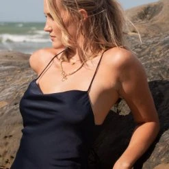 Among The Brave Madeline Navy Satin Strappy Double Tie Back Bias Slip Midi Dress