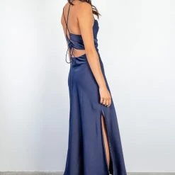 Among The Brave Madeline Navy Satin Strappy Double Tie Back Bias Slip Midi Dress