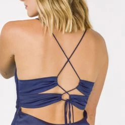 Among The Brave Madeline Navy Satin Strappy Double Tie Back Bias Slip Midi Dress