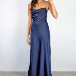 Among The Brave Madeline Navy Satin Strappy Double Tie Back Bias Slip Midi Dress