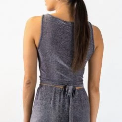 Among The Brave Milky Way Silver Shimmer Ring Tie Waist Crop Tank Top Fashion