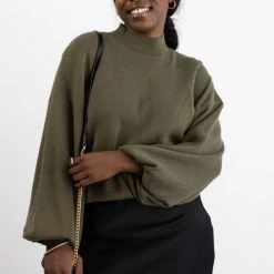 Ivy + Jack Fashion Motivation Khaki Cotton Fine Gauge Balloon High Neck Knit