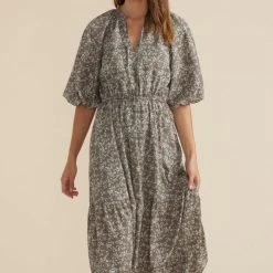 Mink Pink Neveah Sage Multi Floral V Neck Tie Bubble Mid Sleeve Tiered Midi Dress Fashion