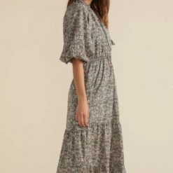 Mink Pink Neveah Sage Multi Floral V Neck Tie Bubble Mid Sleeve Tiered Midi Dress Fashion