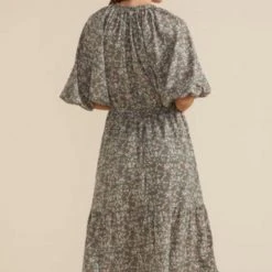 Mink Pink Neveah Sage Multi Floral V Neck Tie Bubble Mid Sleeve Tiered Midi Dress Fashion