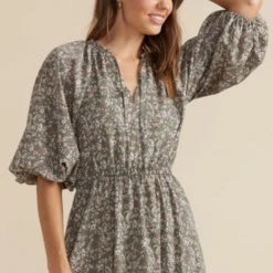 Mink Pink Neveah Sage Multi Floral V Neck Tie Bubble Mid Sleeve Tiered Midi Dress Fashion