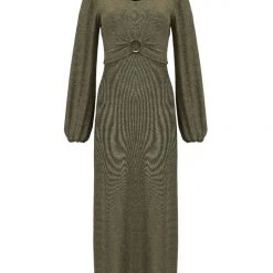 Among The Brave New Moon Gold Shimmer LS Puff Sleeve Ring Midi Dress Fashion