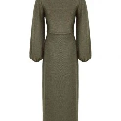 Among The Brave New Moon Gold Shimmer LS Puff Sleeve Ring Midi Dress Fashion