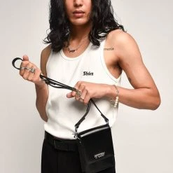 Stolen On Tour Black Leather Cross Body Phone Bag With Silver Hardware