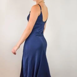 Among The Brave Otherworldly Navy Washer Satin Panel Bodice Bias Midi Dress Fashion