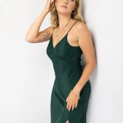 Among The Brave Otherworldly Forest Washer Satin Panel Bodice Bias Midi Dress Fashion