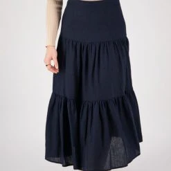 Among The Brave Blazing Navy Tiered Linen Midi Skirt Fashion