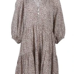 Among The Brave Gemini Chocolate Ditsy Animal Puff Mid Sleeve Button Front Tiered Mini Dress Fashion