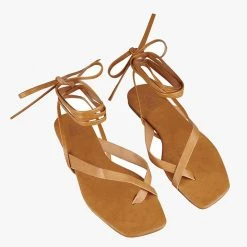 St Sana Stormy Tan Vegan Leather Strappy Lace Up Sandal