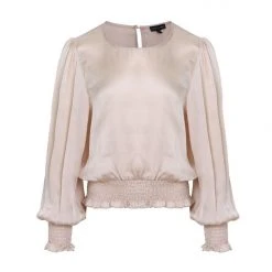 Among The Brave Pure Sand Puff Sleeve Shirred Blouse Fashion