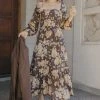 Ivy + Jack Ruby Mocha Floral LS Shirred Bodice Tiered Midi Dress Fashion 2 Ivy + Jack Ruby Mocha Floral LS Shirred Bodice Tiered Midi Dress Fashion