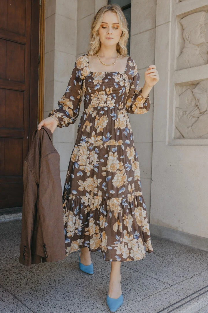 Ivy + Jack Ruby Mocha Floral LS Shirred Bodice Tiered Midi Dress Fashion 3 Ivy + Jack Ruby Mocha Floral LS Shirred Bodice Tiered Midi Dress Fashion