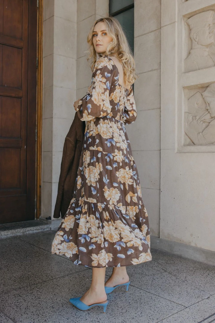 Ivy + Jack Ruby Mocha Floral LS Shirred Bodice Tiered Midi Dress Fashion 4 Ivy + Jack Ruby Mocha Floral LS Shirred Bodice Tiered Midi Dress Fashion