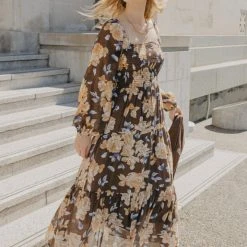 Ivy + Jack Ruby Mocha Floral LS Shirred Bodice Tiered Midi Dress Fashion 9 Ivy + Jack Ruby Mocha Floral LS Shirred Bodice Tiered Midi Dress Fashion