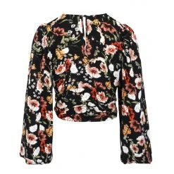 Among The Brave Fashion Reign Large Black Floral LS Balloon Sleeve Plunge Button Front Crop Top