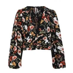 Among The Brave Fashion Reign Large Black Floral LS Balloon Sleeve Plunge Button Front Crop Top